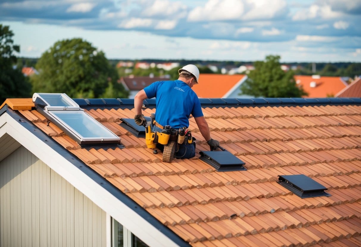 A worker installs a new roof on a house in Hobro Denmark